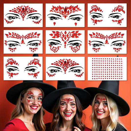 Red Self-Adhesive Face Gems, 9-Piece Set
