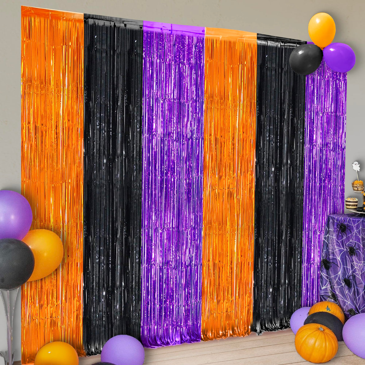 Orange, Black & Purple Foil Fringe Curtains, 2-Pack (3.2 x 6.5 ft)