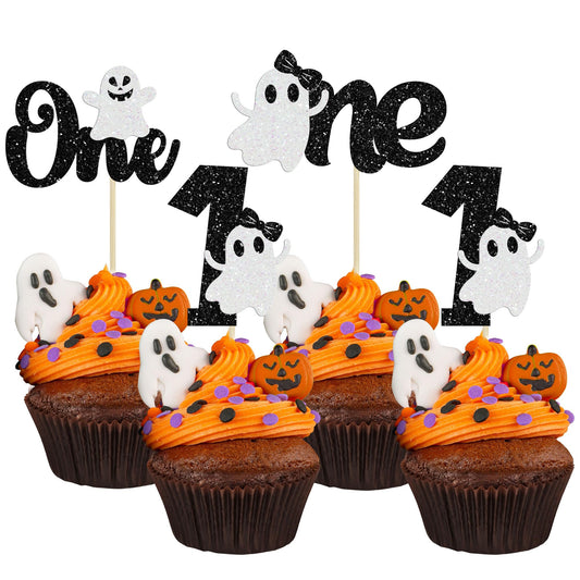 Glitter Ghost Cupcake Toppers, 24-Pack ("Spooky One" 1st Birthday)