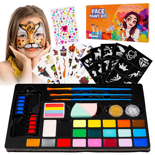 20-Color Face Paint Kit with Brushes & Stencils