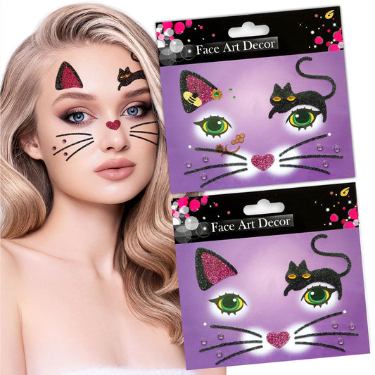 Glitter Cat Face Stickers, 2 Sheets