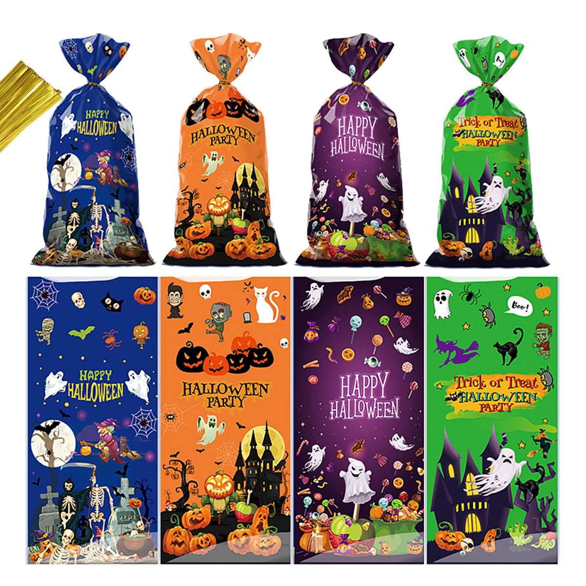 Halloween Cellophane Candy Bags, 50-Pack (4 Designs)