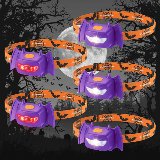 Halloween Bat Headlamps, 5-Pack (Warm, Red & Strobe Modes)